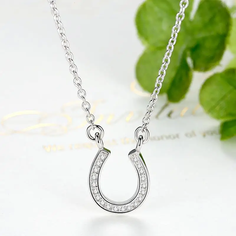 ELESHE 2019 New Fashion 925 Sterling Silver Link Chain Necklace Crystal U Shape Hook Pendant Necklace for Women Vintage Jewelry
