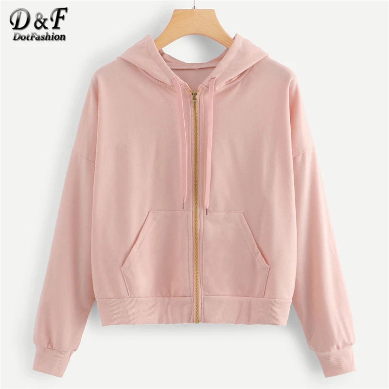 

Dotfashion Pink Drawstring Detail Solid Jacket Women 2019 Spring Casual Hooded Clothes Coats Windbreaker Zip Up Hoodie Outerwear