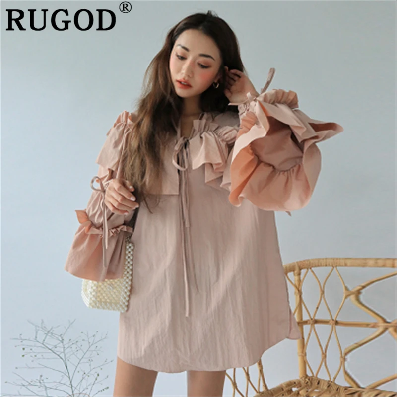 

RUGOD Korean Ruffles loose women dress Fashion V neck butterfly sleeve oversized dress ladies boho style party beach mini dress