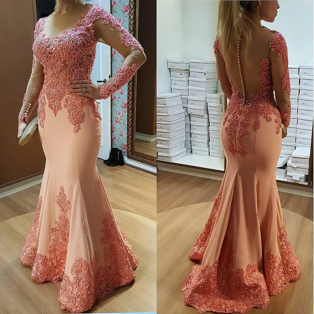 2019 Long Sleeves Mermaid Muslim Prom Dresses Beaded Lace See Through