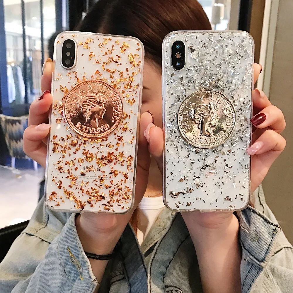 

For iPhone 11 Pro Max X XS XR 8 7 6 6S Plus Cover Coin Copper Silver Chrome Rose Gold Glitter Soft Jelly TPU Case