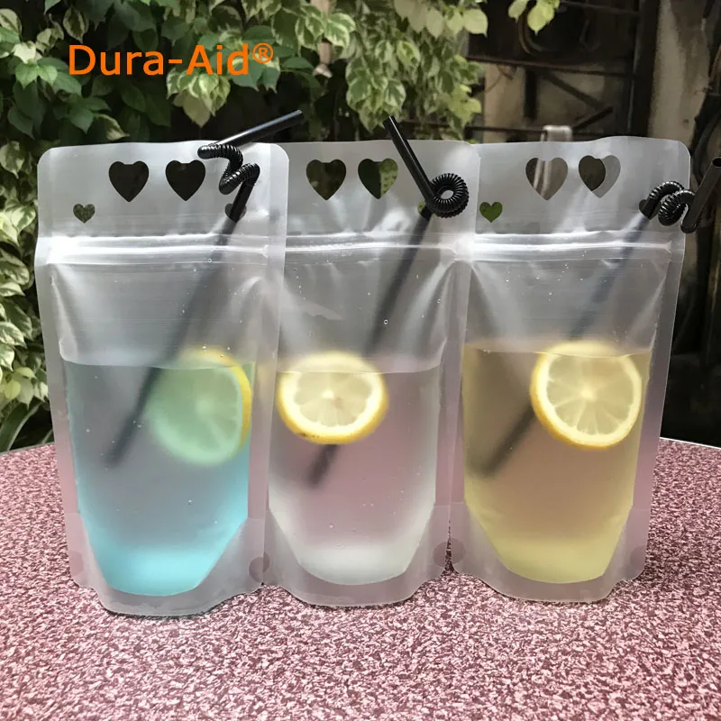 

Dura-Aid 100pcs Hot Selling 500ml Plastic Drink Packaging Bag Beverage Juice Milk Coffee Pouches with Handle and Holes
