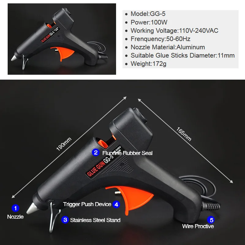 100 вт DIY горячего расплава клея пушка черный палочки триггера художественные промыслы, инструмент для ремонта с светильник GG-5 110 V-240 V