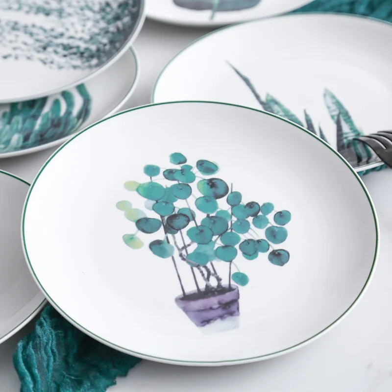 

Nordic Ceramic Plates Creative Green Plant Pattern Food Salad Steak Breakfast Round Dishes Quality Home Decoration Tableware