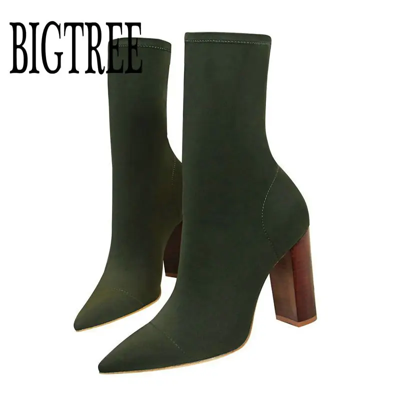 Online BIGTREE moda elástico calcetín tobillo botas gruesos tacones altos estiramiento mujeres otoño Sexy botines puntiagudos mujeres bombas botas Mujer