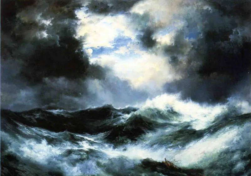 Huge Oil painting Thomas Moran - Moonlit Shipwreck at Sea & huge waves canvas