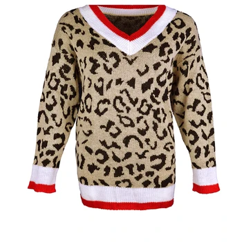 

Streetwear Leopard Print Sweater Women 2019 Autumn Winter V Neck Long Sleeve Knitted Sweaters Striped Pullovers For Ladies