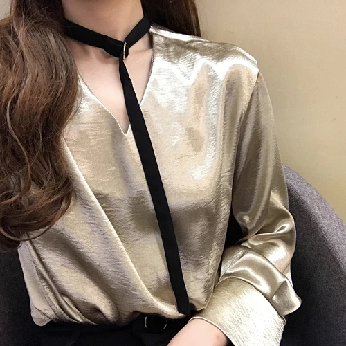 Blusas Mujer de Moda 2018 весна корейский стиль Винтаж Атлас колье V Средства ухода за кожей