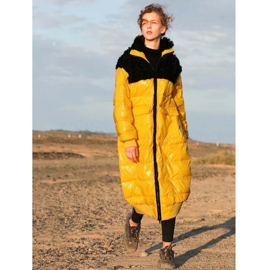 

2018 New Collection black real lamb fur patchwork bright yellow long women white duck down jacket coat winter