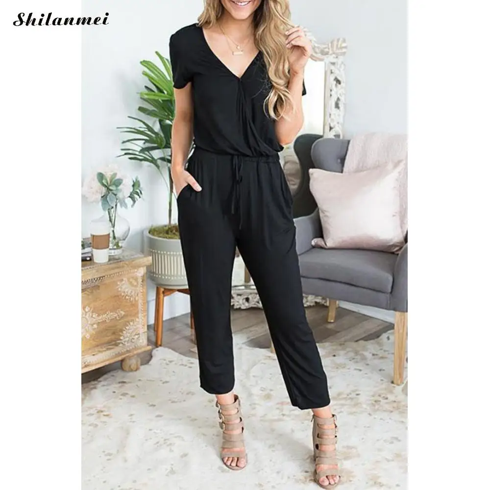 

Polyester Yarns Cotton Long Jumpsuit Summer Exaggerated Deep V Loose Playsuits With Pocket Solid Color Casual Bodysuit Women