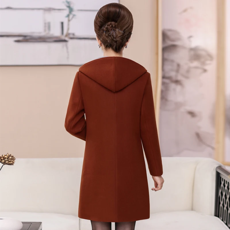 Autumn Winter Woolen Coat Women Hooded New Middle-aged Mother Clothes Long Slim Wool Coat Womens windbreaker Plus Size coat 5XL