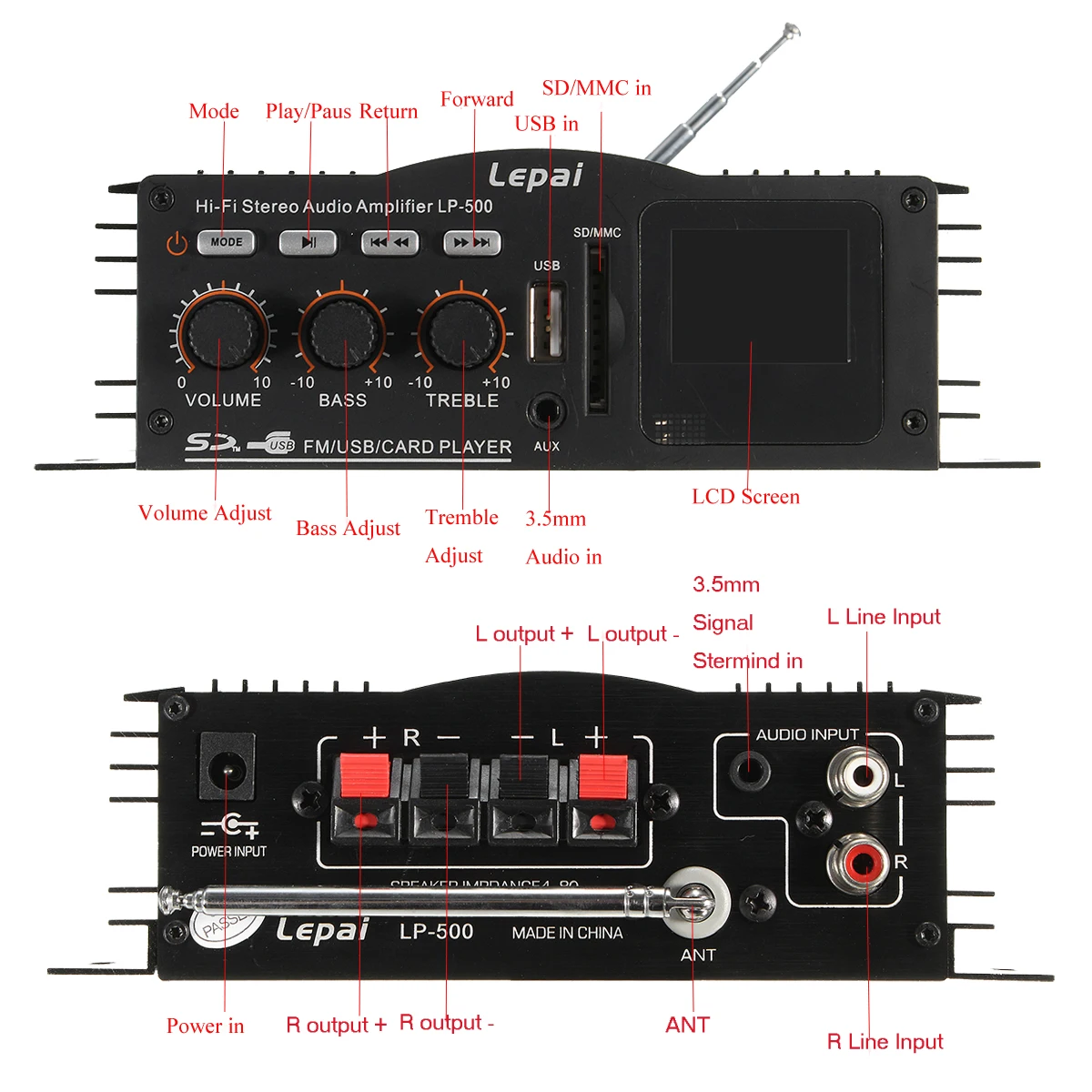 Lepy 500 50W 12V Mini Digital Amplifier FM Bass Booster For Car Home MP3 AMP Player