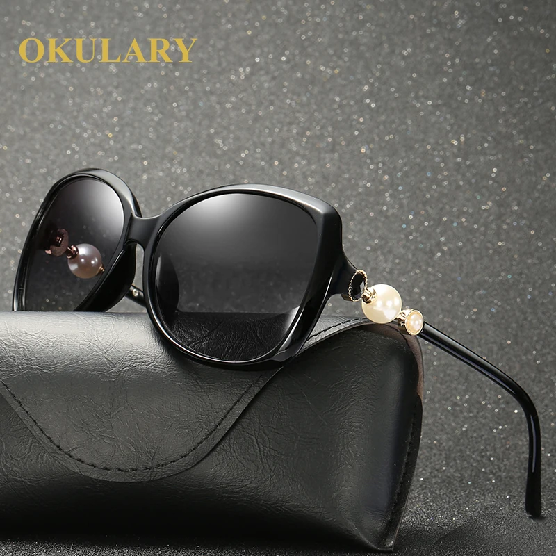 Skup Nowy kobiety spolaryzowane okulary ponadgabarytowych Eyeglasss UV400 moda Pearl okulary z pudełkiem