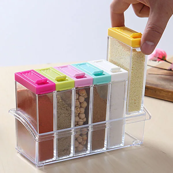 1set 6 Spice Jar Kitchen Condiment Box Acrylic Spices Storage Seasoning