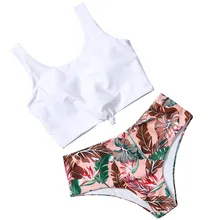 Женский сексуальный комплект бикини из двух частей, Одноцветный белый топ с цветочным принтом, Нижняя Талия, купальник, Раздельный купальник, летнее бикини