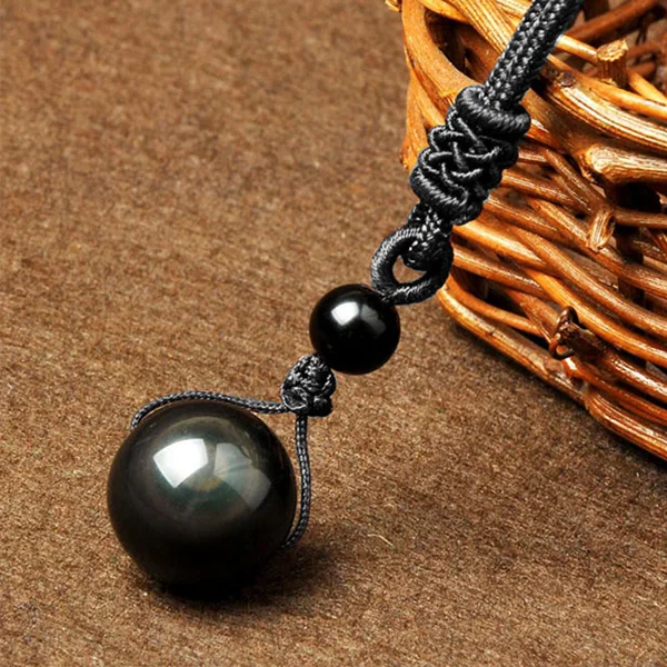 Черный обсидиан Радужный глаз мяч ожерелье передача Lucky Love натуральный камень буддистский кулон шейки для женщин мужчин четыре размера - Metal Color: black chain