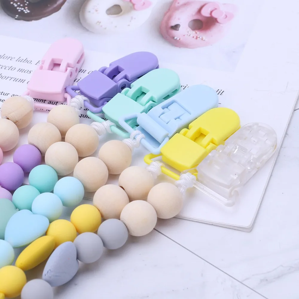 

Baby Pacifier Clip BPA Free Silicone Teething Chain Newborn Nipple Teether Holder Chew Toys Soother Wood Dummy Heart Beads