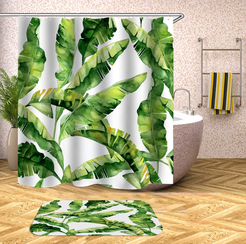 

Green Leaves Printing washable bath curtains screen for bathroom decoration polyester fabric shower curtain