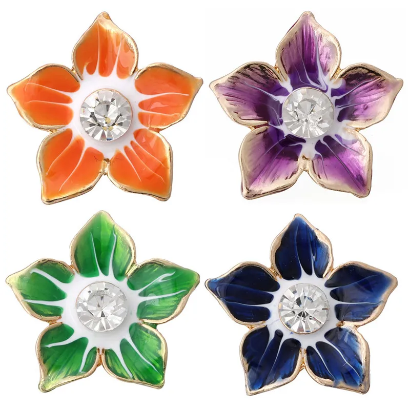 4 Color Enamel 5 Petals Flower Snap Button Rhinestone Metal 18mm Charms For Bracelet Necklace femme Jewelry | Украшения и