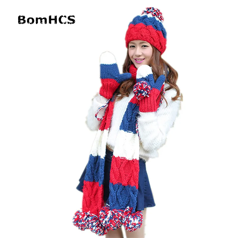 bomhcs-3ピース手袋-ビーニー-スカーフスーツ冬暖かい女性のニットファッション帽子ミトンネッカチーフ肥厚ライニング