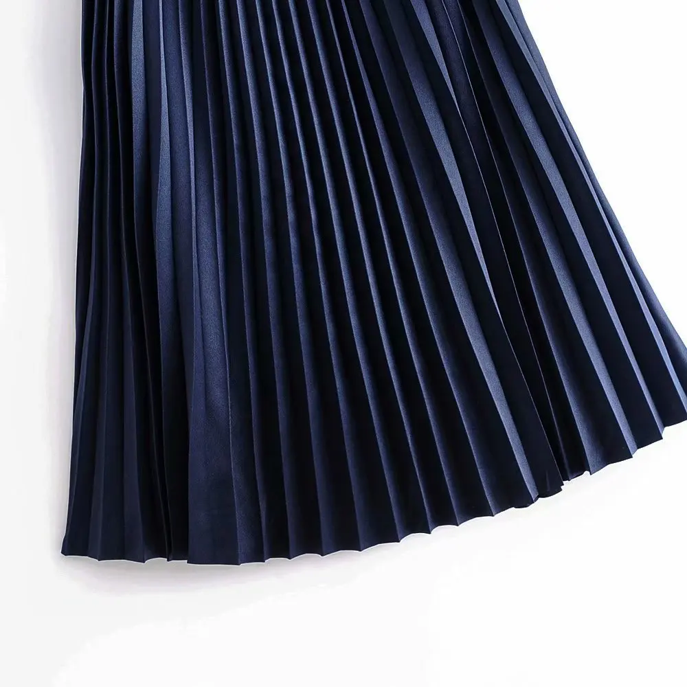 Новое поступление, женские модные длинные плиссированные юбки длиной до щиколотки, Женская винтажная темно-синяя юбка с завышенной талией на весну, лето и осень