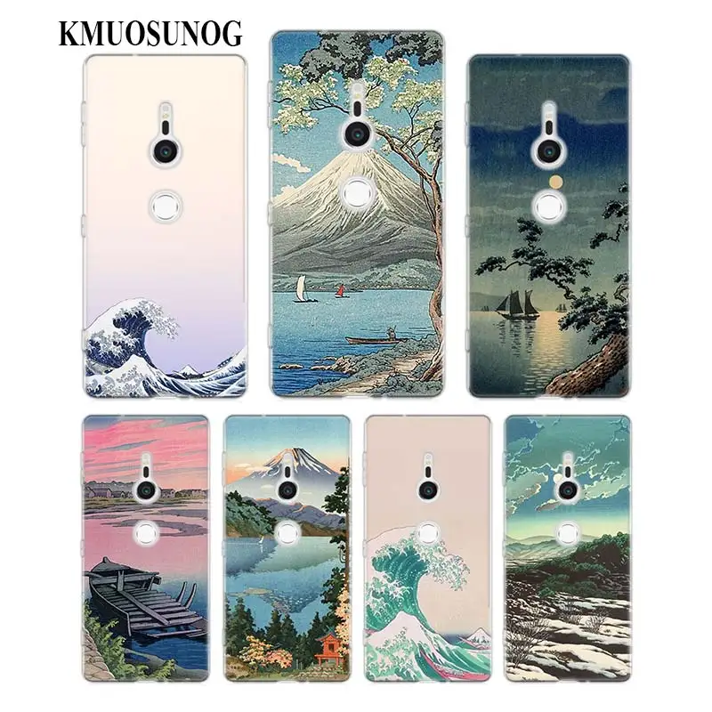 

Transparent Soft Silicone Phone Case Wave Art Japanese Green I llust for Sony Xperia E5 XA1 XA2 M5 Z5 XZ1 XZ2 Compact