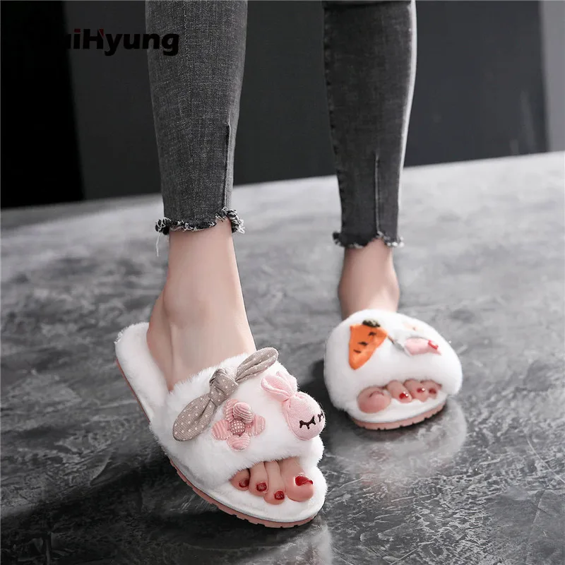 

Suihyung Winter Home Slippers Warm Flock Women Indoor Shoes Flat Fashion Appliques Open Toe Soft Plush Ladies House Flip Flops