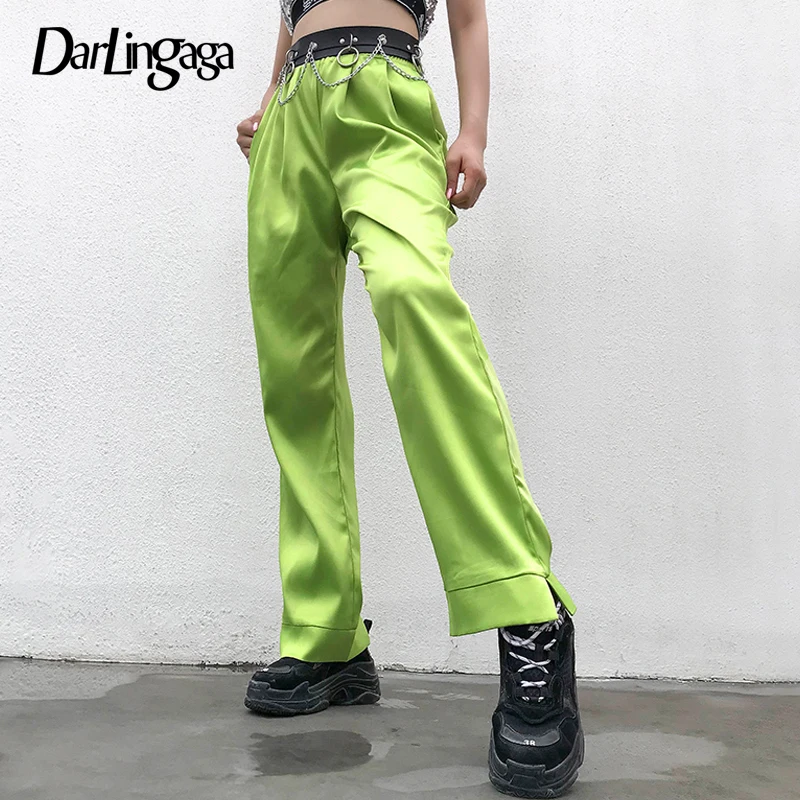 

Darlingaga Straight Loose Neon Green Harajuku Pants Solid Streetwear Trousers Women Fashion High Waist Pants 2019 Pantalon Femme