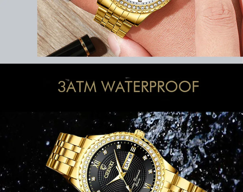 CHENXI, роскошные мужские золотые часы, золотые, нержавеющая сталь, водонепроницаемые, мужские, Бизнес часы, календарь, неделя, кварцевые, мужские наручные часы