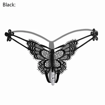 Leechee кружевные сексуальные трусики вышитые стринги Butterfly G String T брюки прозрачные с вырезами сексуальное жемчужное нижнее белье-шорты женские - Цвет: Black