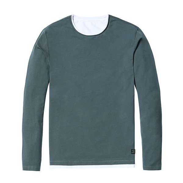 SIMWOOD, осенняя Новинка, фальшивая Двухслойная футболка для мужчин, длинный рукав, хлопок, модные топы, высокое качество, облегающие футболки 180109 - Цвет: denim green