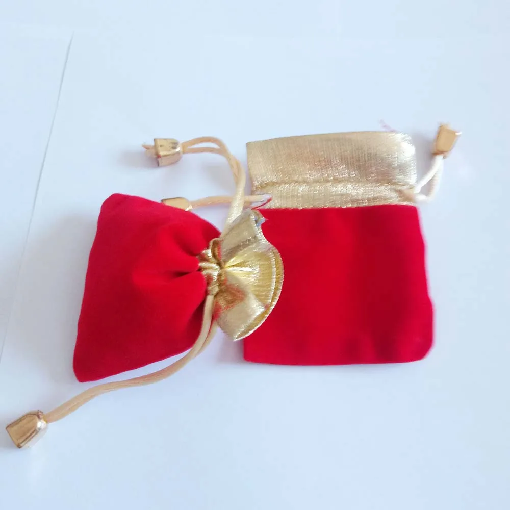 50pcs Phnom Penh Gold Bead Red Velvet Bag Jewellery Pouch Gift Bags Wedding Drawstring Bag Woman Jewelry Display Gift Pack Bag