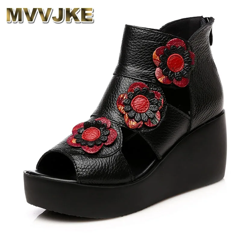 

MVVJKE Women Genuine Leather High heel Platform Sandals Ladies Wedges Sandals 2018 Summer Shoes