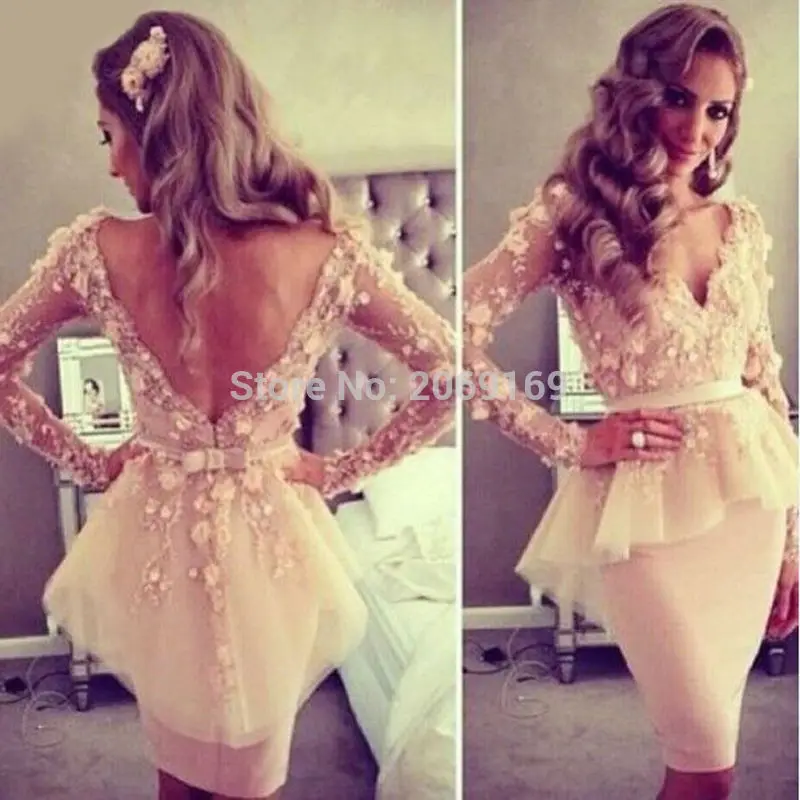Two-piece-out-fit-Delicate-Lace-long-sleeve-Evening-dress-V-Neck-Appliques-Vestido-De-Festa