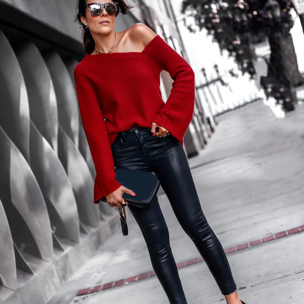 

Women Autumn Knitting Sweater Wide Flared Sleeve Solid Color Tops NGD88