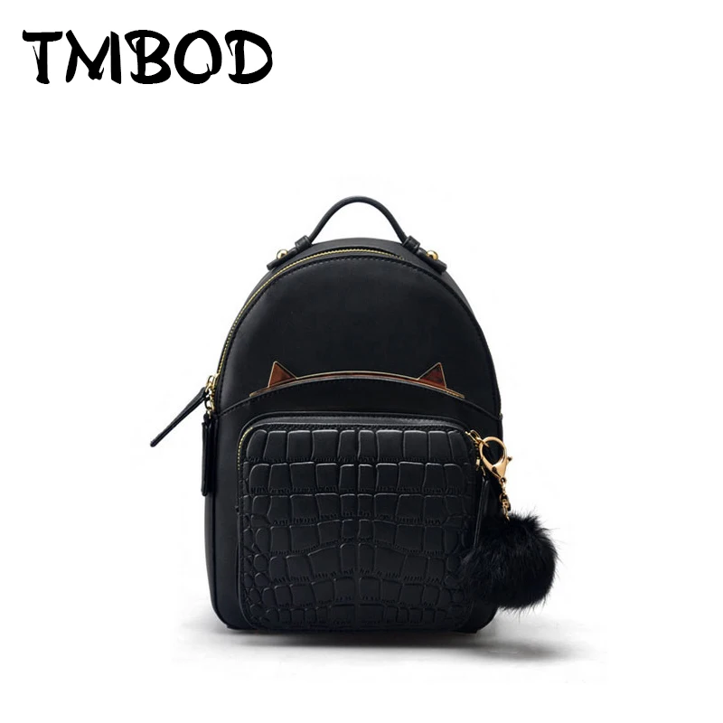 

New 2018 Alligator Cat Ears Backpack Hairball Women Split Leather Backpacks Girls Lady Student School Travel Bags bolsas an327