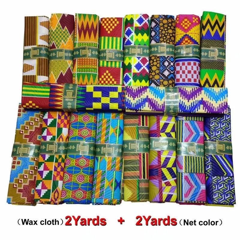 

2+2 yards African Bazin Riche Getzner Fabric Handmade ankara african wax print with plain blue Lace Fabrics for Men Cloth HGF02