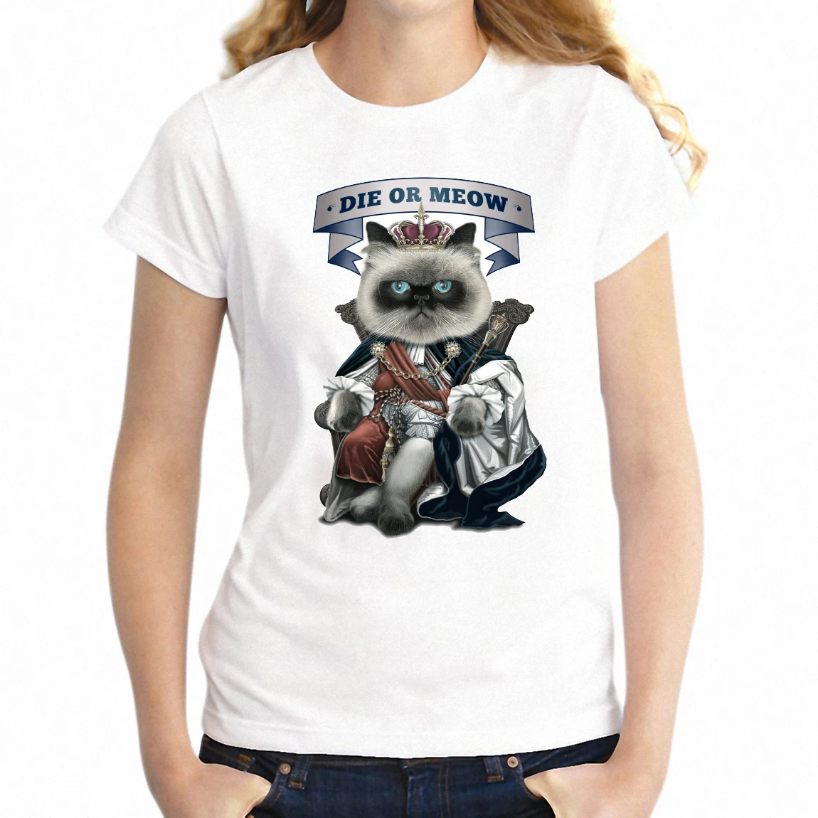 

Women's T Shirt Die or Meow Gangster Mobster Cat King Funny Artsy Girl's Tee