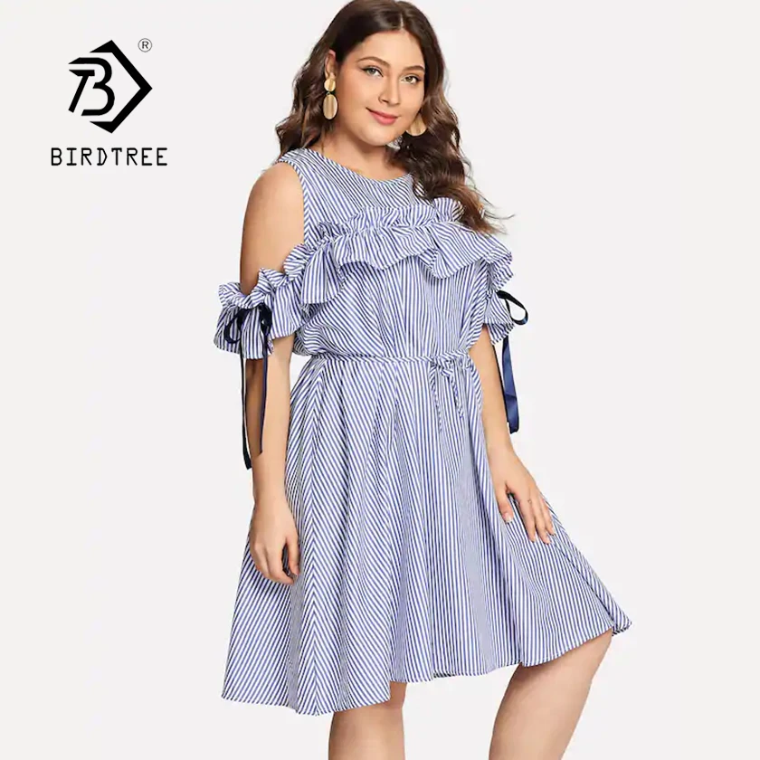 

2019 Summer New Women's Plus Size Striped Dress O Neck Cold Shoulder Lace Up Bow Ruffles Sleeve 4XL Vestidos Female Modis Wear