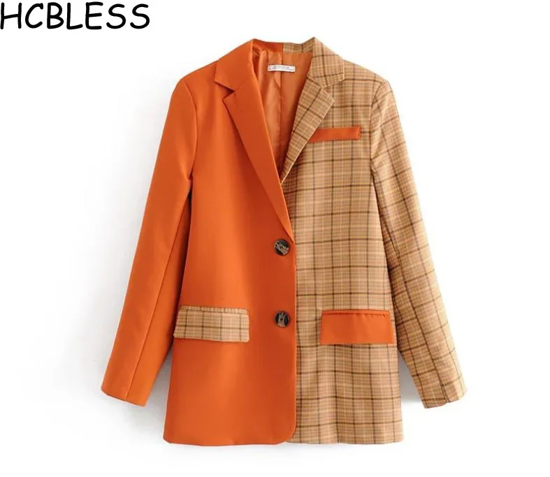 HCBLESS оранжевый мозаичный клетчатый повседневный костюм уличная мода Дикий Женский Длинный свободный костюм куртка - Цвет: Многоцветный