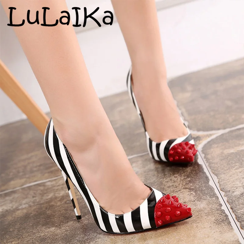

2018 Black White Spell Color Woman High Heels Summer Pumps Red Pointed Toe Slip-on Sexy Top Quality Pumps Shoes Plus Size 33-44