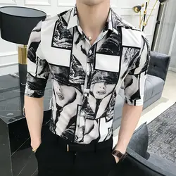 2018 летние Для мужчин платье-футболка camisa социальной бренд печати мужской рубашки Slim fit половина рукава Мода Для мужчин s рубашки одежда
