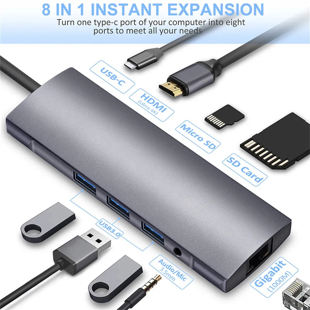 

New Multi-function hub adapter 9in1 Type-C To HDMI RJ45 3USB3.0 TF SD AUDIO PD Multifunctional Hub For PC Computer Accessory