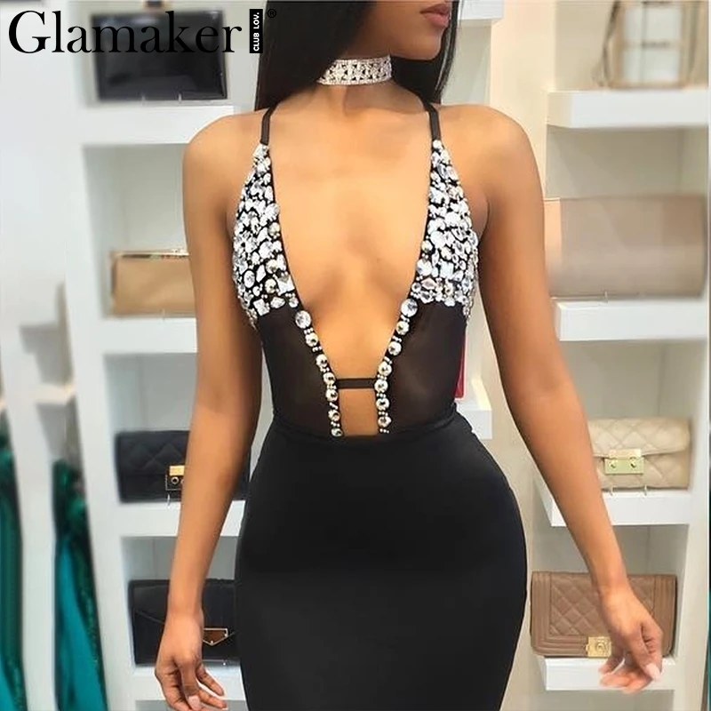 

Glamaker sexy mesh jumpsuit romper Women shiny crystal beading bodysuit Backless v neck transparent rhinestone party bodysuit