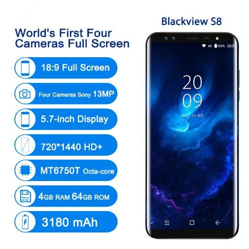 Blackview S8 4G Smartphone 4 Cameras 4GB+64GB MT6750T Octa Core Fingerprint 5.7"18:9 Aspect Ratio Infinity Screen Mobile Phone|4g smartphones|mobile phone|octa core - AliExpress