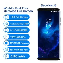Blackview s8 4g smartphone 4 câmeras 4gb + 64gb mt6750t octa núcleo impressão digital 5.7