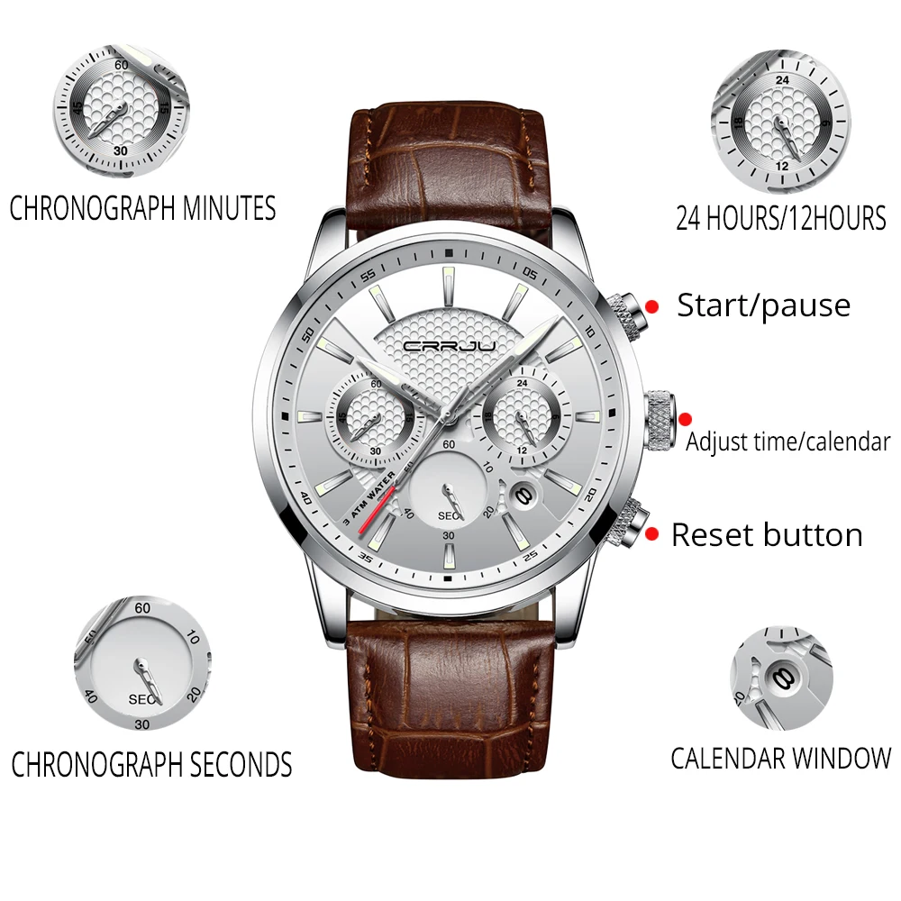 CRRJU Luxury Leather Wrist Watch Men Casual Chronograph Quartz Waterproof Watches Mens Top Brand Wristwatch Man Clock