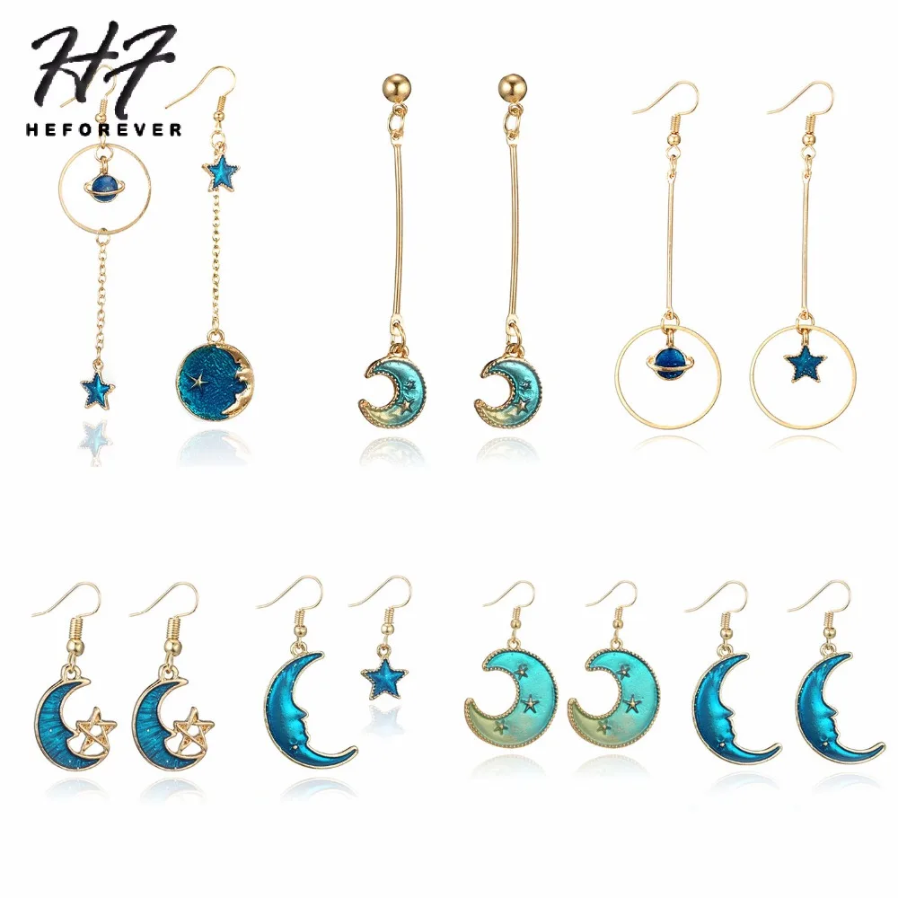 Romantic Dreaming Gold Color Sun Moon Star Earth Drop Earrings for Women Geometric Electroplate Piercing Earing Jewelry KB332
