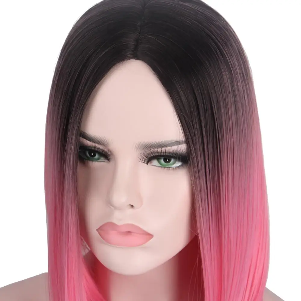 Короткий парик волос эффектом деграде(переход от темного к красный розовый цвет парики для Для женщин короткий парик без челки средней части плеча Длина естественная волна Anxin черный
