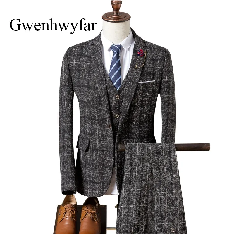 

2018 New Design Men Suits Dark Grey Brown Light Grey Navy Thick Tweed Men Suits For Autumn Winter Party Worker Suits 3 Pieces